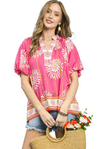 Umgee Floral Border Smocked V-Neck Bohemian Blouse