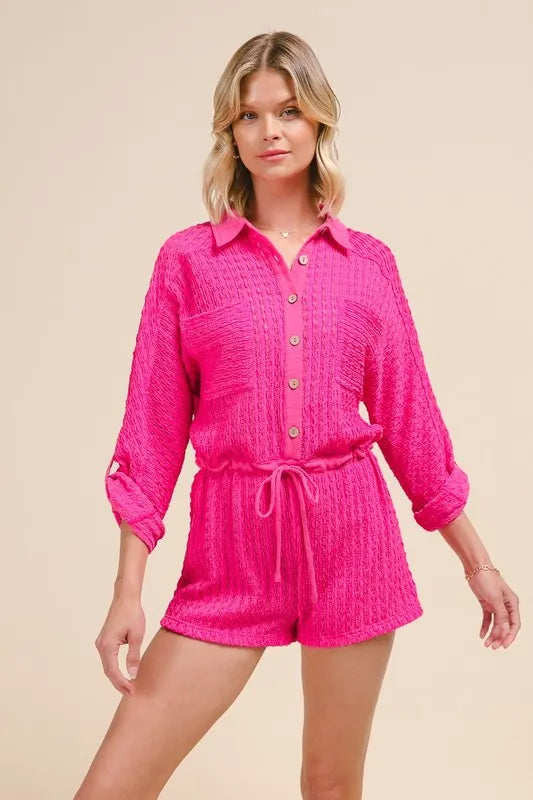 SO ME Romper Textured Knit Fuchsia Pink Button Front Drawstring Waist FUCHSIA 41256799-94ab-4250-b105-c78b259f51db-Max-Origin Trendsi
