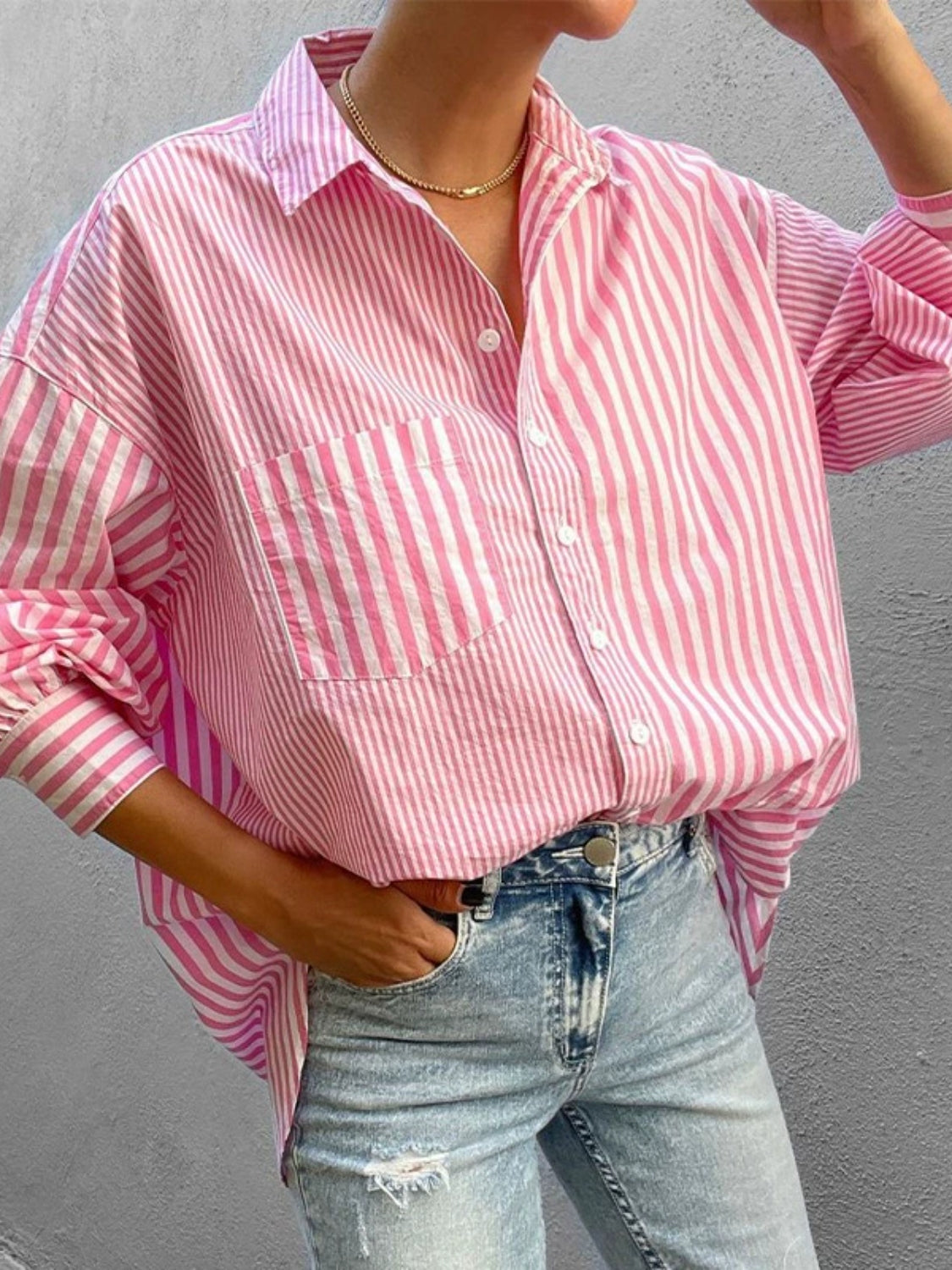 Women's Striped Shirt Button Down Long Sleeve Pink Pocketed Blouse Top Pink 413f593b-6992-4a83-a851-f5e035a6dcb2-Max Trendsi