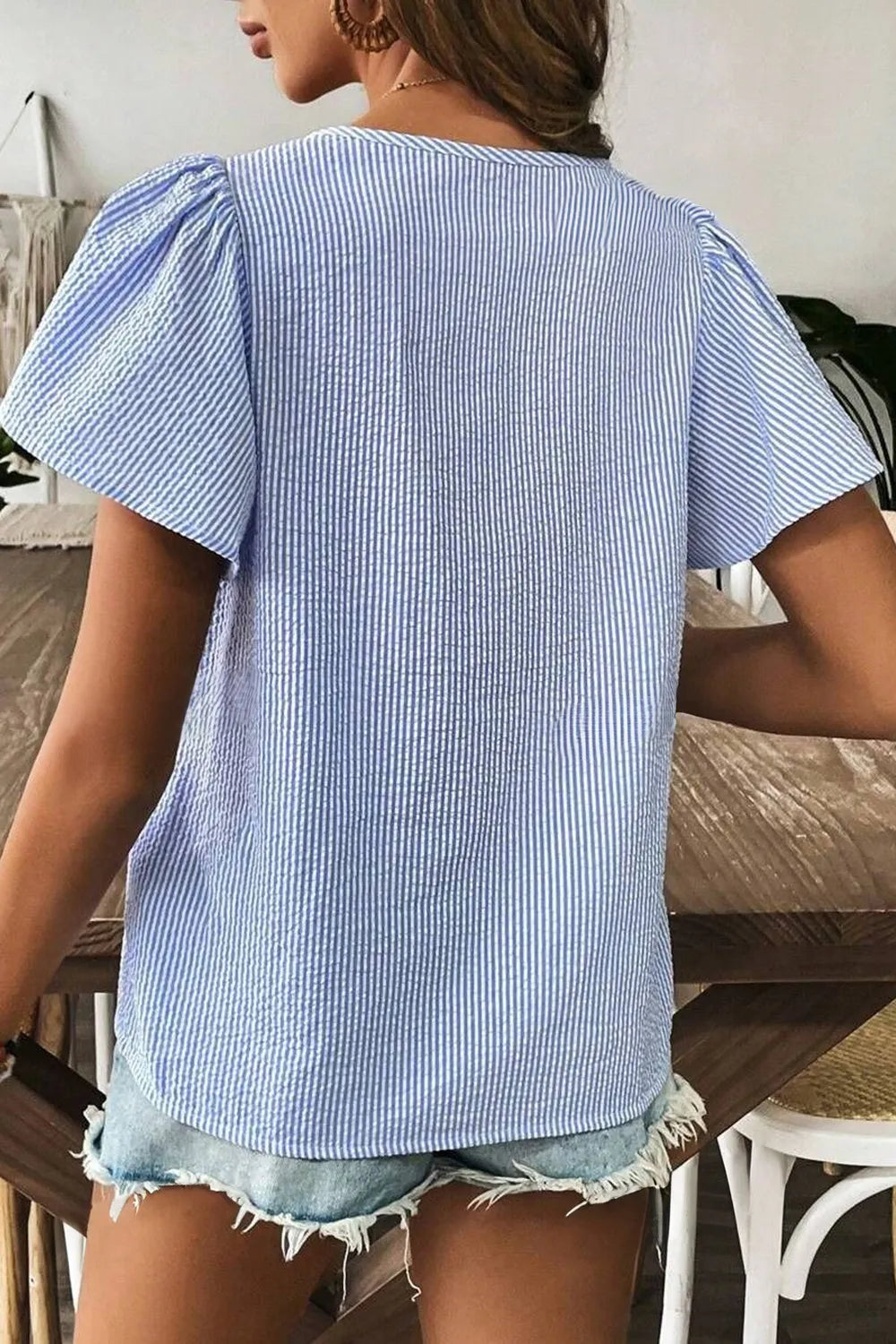 Women's Blouse Blue Stripe Floral Embroidered Square Neck Ruffle Short Sleeve 41452684-dc68-451e-90af-4ed6fa28a5cc-Max-Origin Trendsi