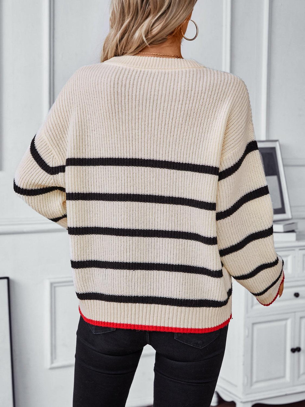 Striped Sweater Round Neck Dropped Shoulder Bell Long Sleeve