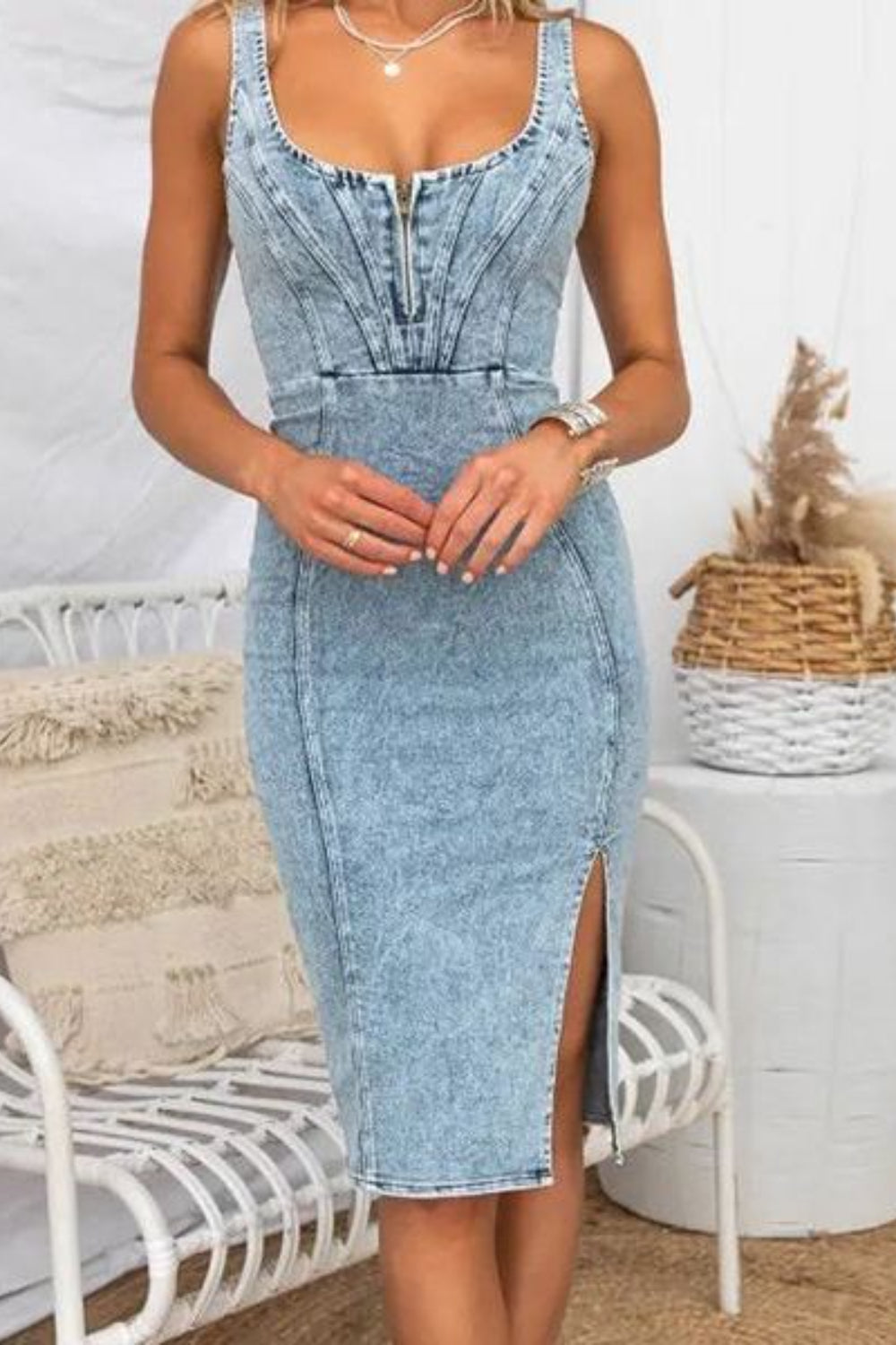 Denim Mini Dress Slim Bodycon Zipper Side Slit Washed Scoop Neck 414f1847-20ce-40c9-bc8e-96dbf1461a66-Max Trendsi