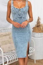 Denim Mini Dress Slim Bodycon Zipper Side Slit Washed Scoop Neck 414f1847-20ce-40c9-bc8e-96dbf1461a66-Max Trendsi