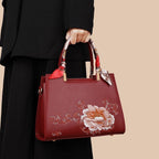 Embroidered Floral PU Leather Top Handle Handbag
