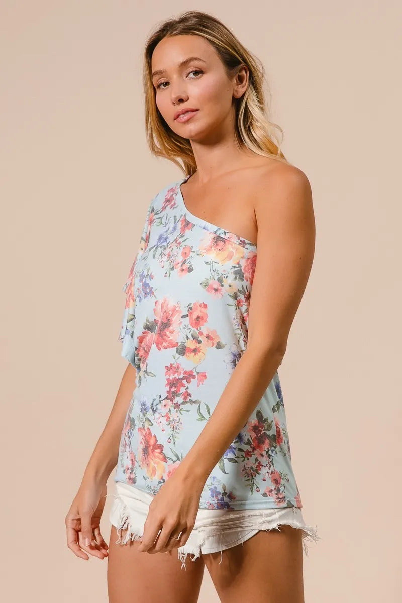 BiBi Floral Top Printed Jersey Knit Ruffle Sleeve One Shoulder 4158ab4fd4c4489ea7770babe54715f1-Max-Origin Trendsi