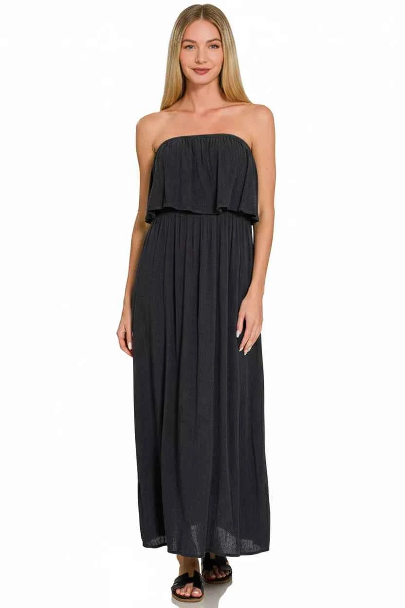Zenana Woven Crinkle Strapless Maxi Dress