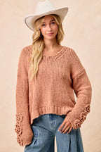BiBi Womens Sweater Chunky Knit with Flower Detail Sleeves Peach 415ca54e765d42e4b970af54be197323-Max-Origin Trendsi