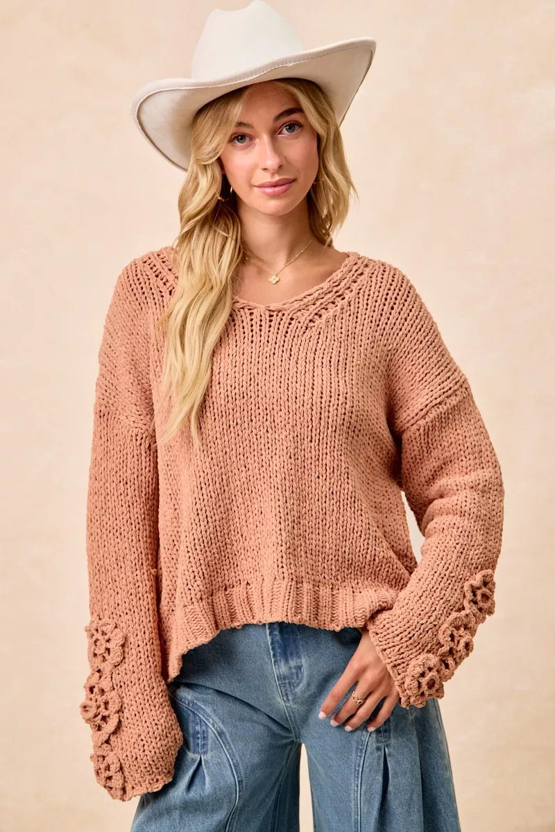 BiBi Womens Sweater Chunky Knit with Flower Detail Sleeves Peach 415ca54e765d42e4b970af54be197323-Max-Origin Trendsi