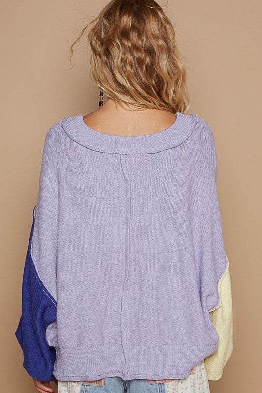 POL Lavender Knit Sweater Exposed Seam Contrast V-Neck Lantern Sleeve