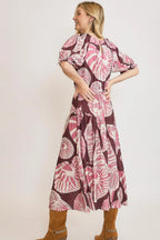 Umgee Midi Dress Mauve Leaf Printed Notched Puff Short Sleeve 416c4bc4-793d-49ae-879f-da35e4519887-Max-Origin Trendsi