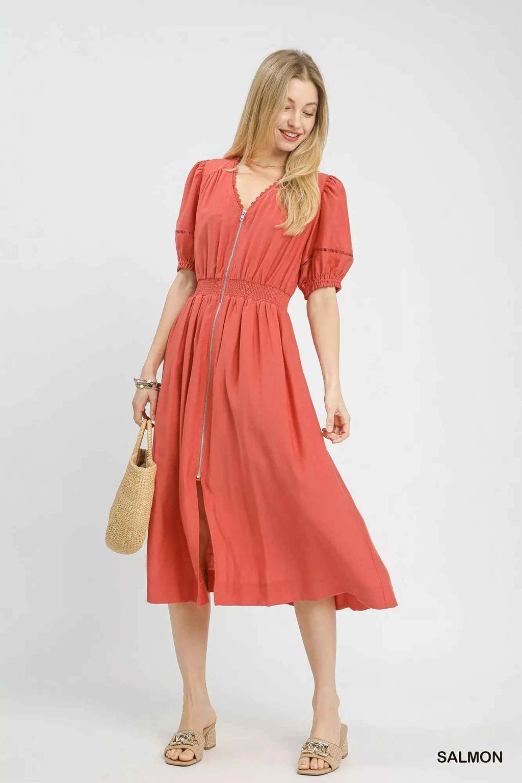 Umgee Midi Dress Orange Zip-Front Smocked Waist Short Puff Sleeves 41802292-eff1-499f-9af2-a98864d34c25-Max-Origin Trendsi