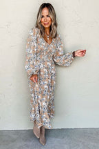 Floral Midi Dress V-Neck Long Puff Sleeve Mocha Flower Print 4182789c-898b-4194-a85d-4841ebdab9a6-Min Trendsi