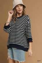Umgee Knit Top Striped Oversized Navy Ribbed Hem 3/4 Sleeve Blouse Navy 418b3022-5900-46d1-b155-6d8ed9b89457-Max-Origin Trendsi