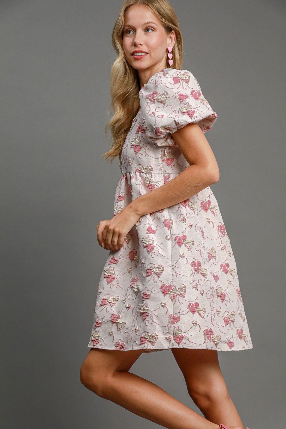 Umgee USA Mini Dress Heart Jacquard Square Neck Puff Short Sleeve 418ecfa7-4fb8-40b1-9929-a4db5e58539c-Max Trendsi