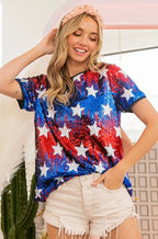 BiBi Sequin Top American Theme Star Pattern Short Sleeve T-shirt 419fd459efb848cdb3599465256f7295-Max-Origin Trendsi