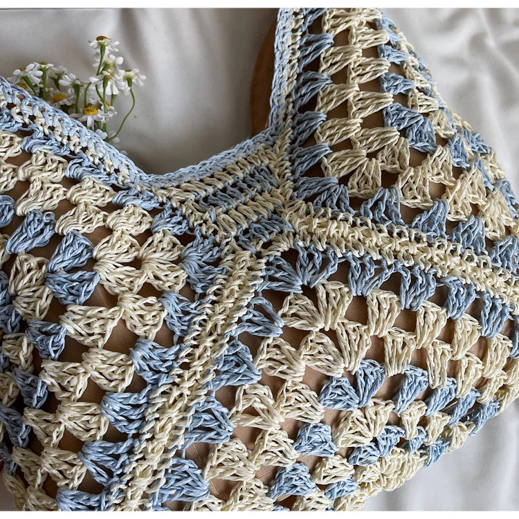 Women's Beach Crochet Shoulder Bag Medium Wave Knit Woven Blue Handbag