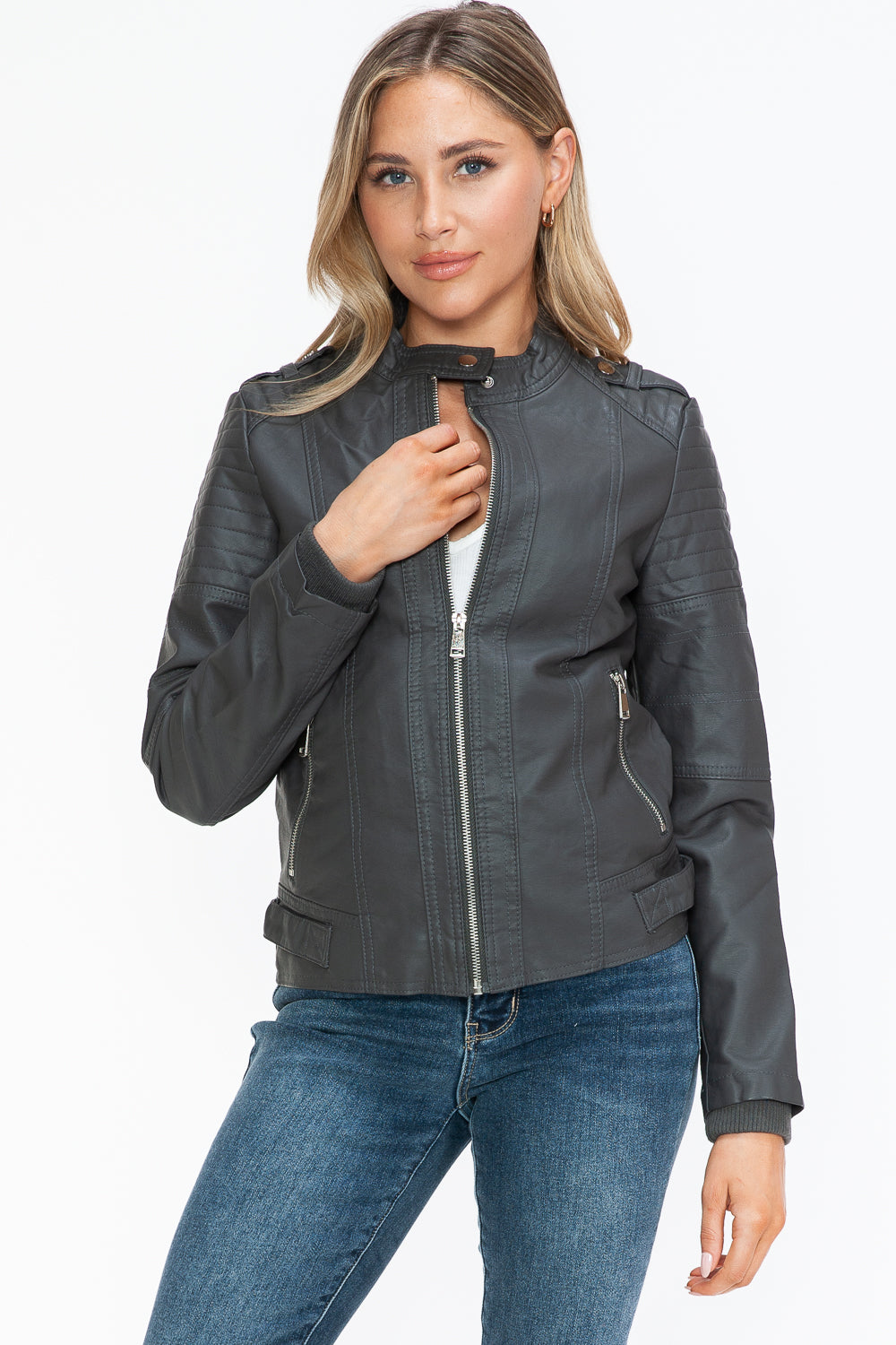 Snobbish PU Leather Biker Jacket Women Black with Side Zip Pockets