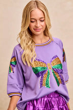 BiBi Womens Blouse Lavender Sequin Patched Ribbon Mardi Gras Theme Top 41b246f520ee43a789b4e7dfe880904b-Max-Origin Trendsi