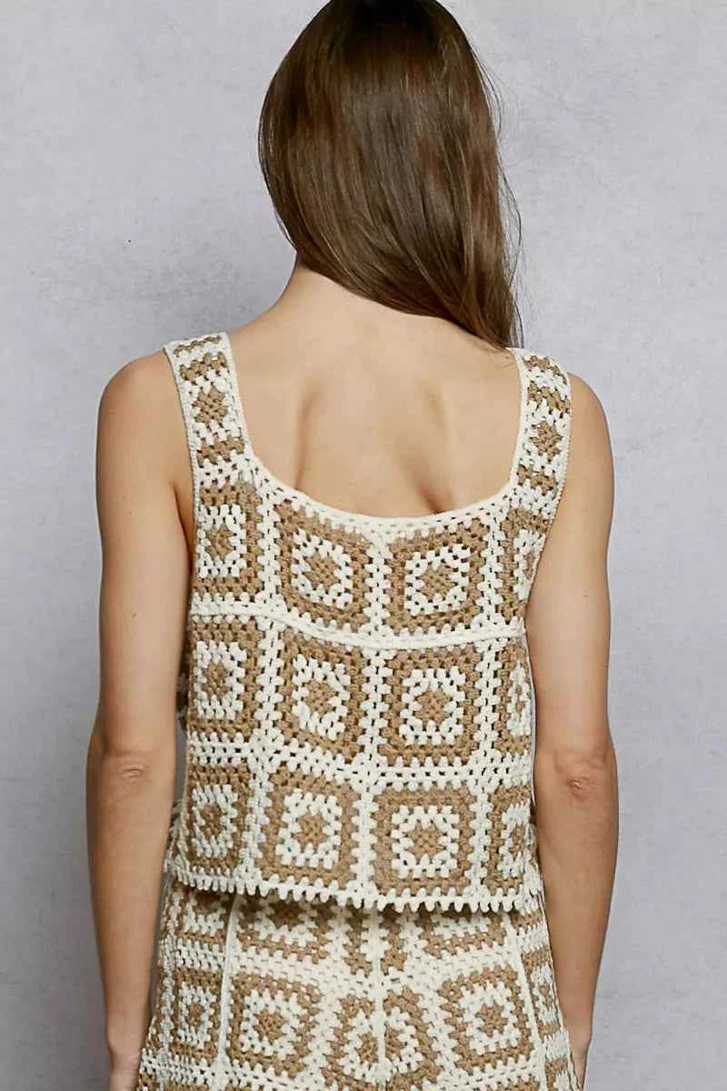 POL Openwork Square Neck Cropped Crochet Tank with Granny Square Weave