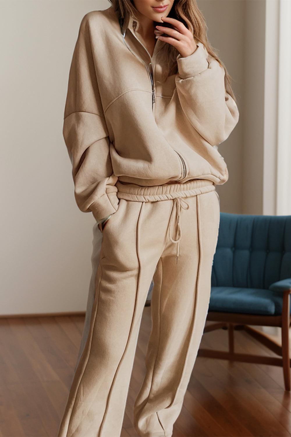 Outfit Set Zip Up Long Sleeve Top and Pants Set Tan