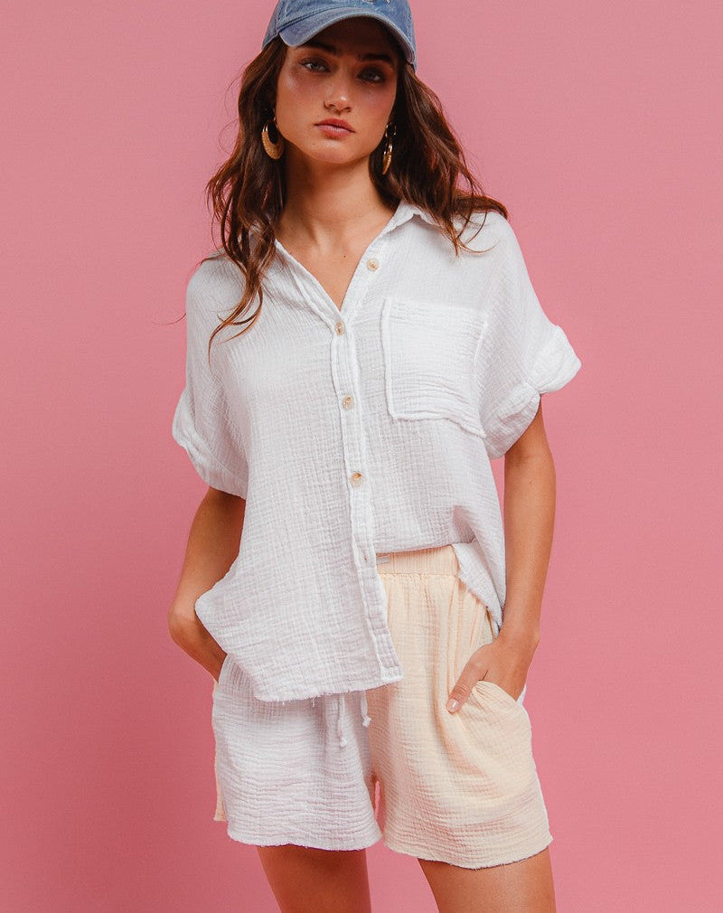BiBi Wrinkled Gauze Solid Shirts Top and Shorts Set