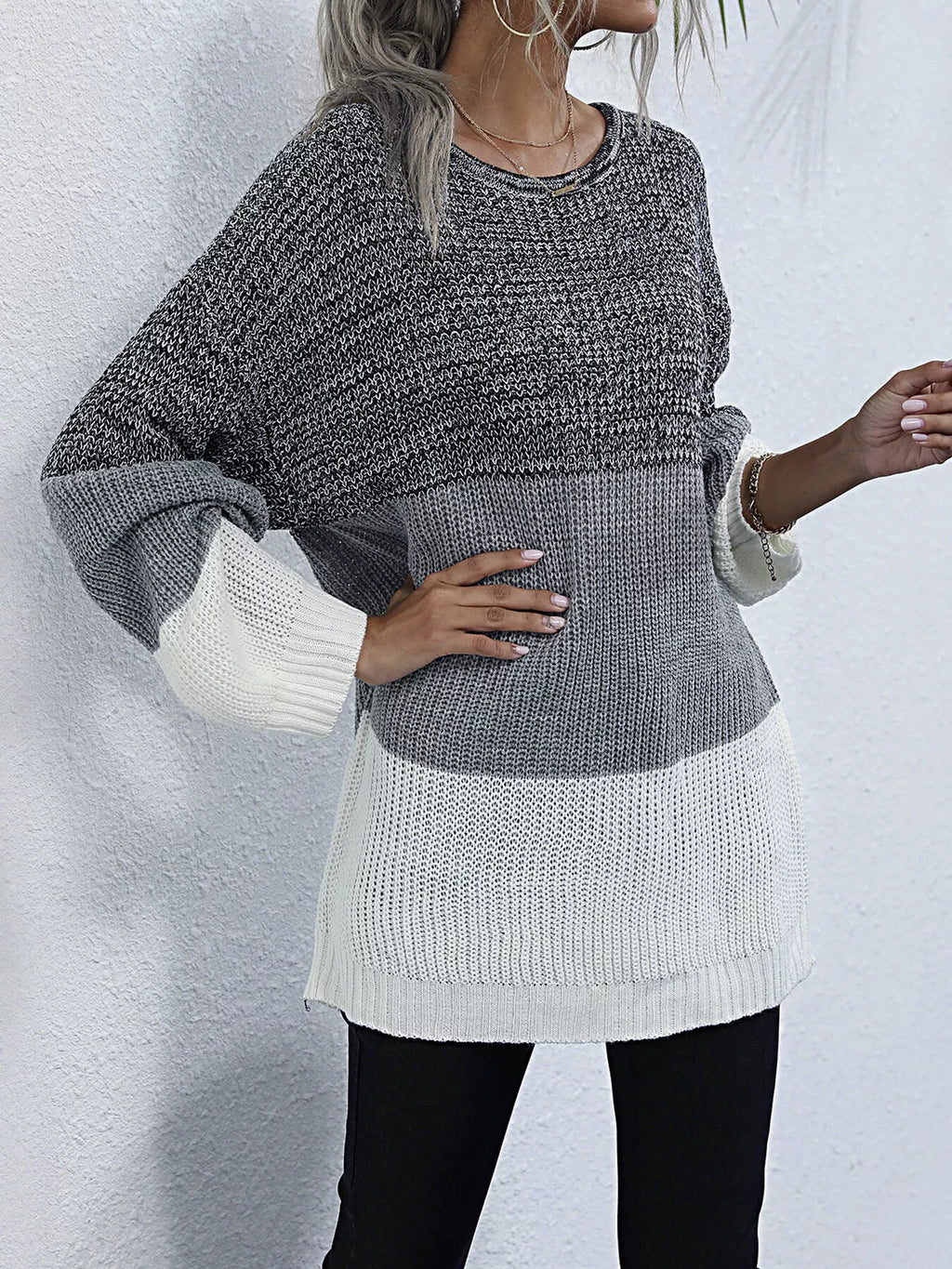 Women's Oversized Sweater Color Block Stripe Knit Round Neck Long Sleeve 41c52a2a724d482b8a63416c706bb42d-Max-Origin Trendsi
