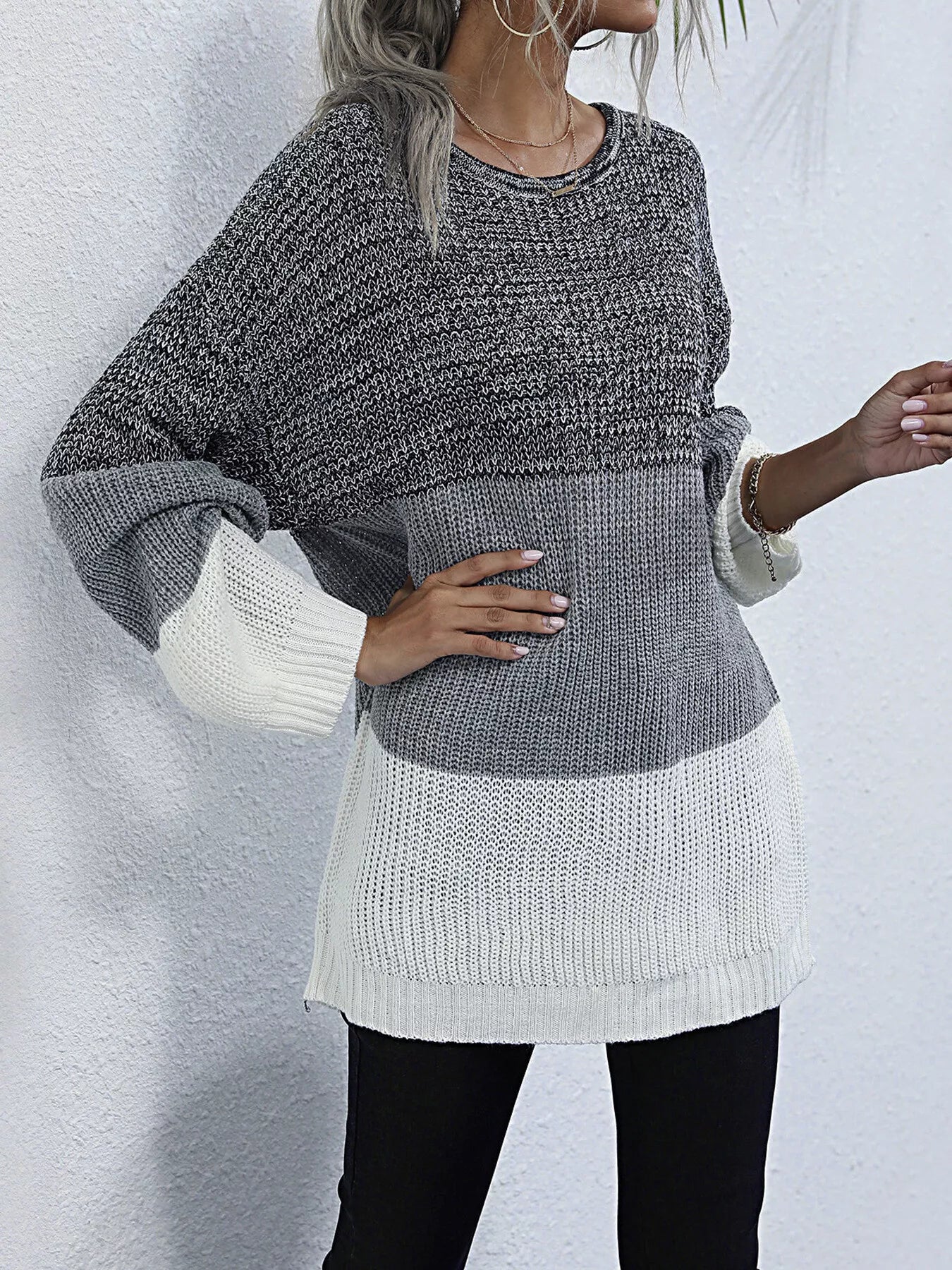 Women's Oversized Sweater Color Block Stripe Knit Round Neck Long Sleeve 41c52a2a724d482b8a63416c706bb42d-Max-Origin Trendsi
