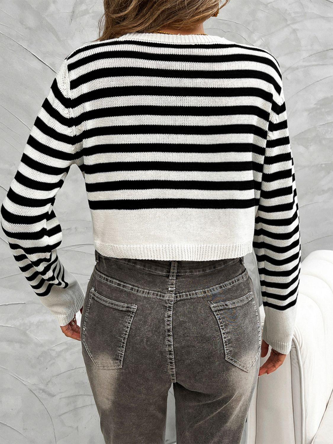 Devine Striped Cropped Cardigan Round Neck Button Down Long Sleeve