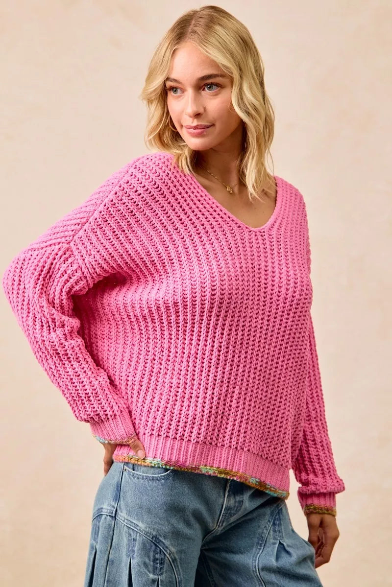 BiBi Womens V-Neck Sweater Pink with Colorful Trim 41dd33dadf2a4d7bae76034a16c8bb59-Max-Origin Trendsi