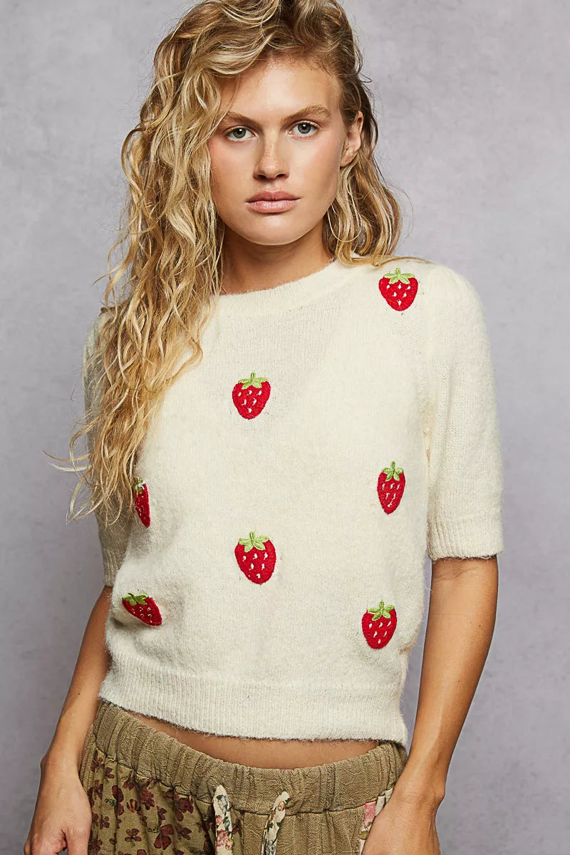 POL Women's Sweater Strawberry Patch Cream Round Neck with Shirring Shoulder 41e3fd73-fcee-47eb-a566-877053bb9594-Max-Origin Trendsi