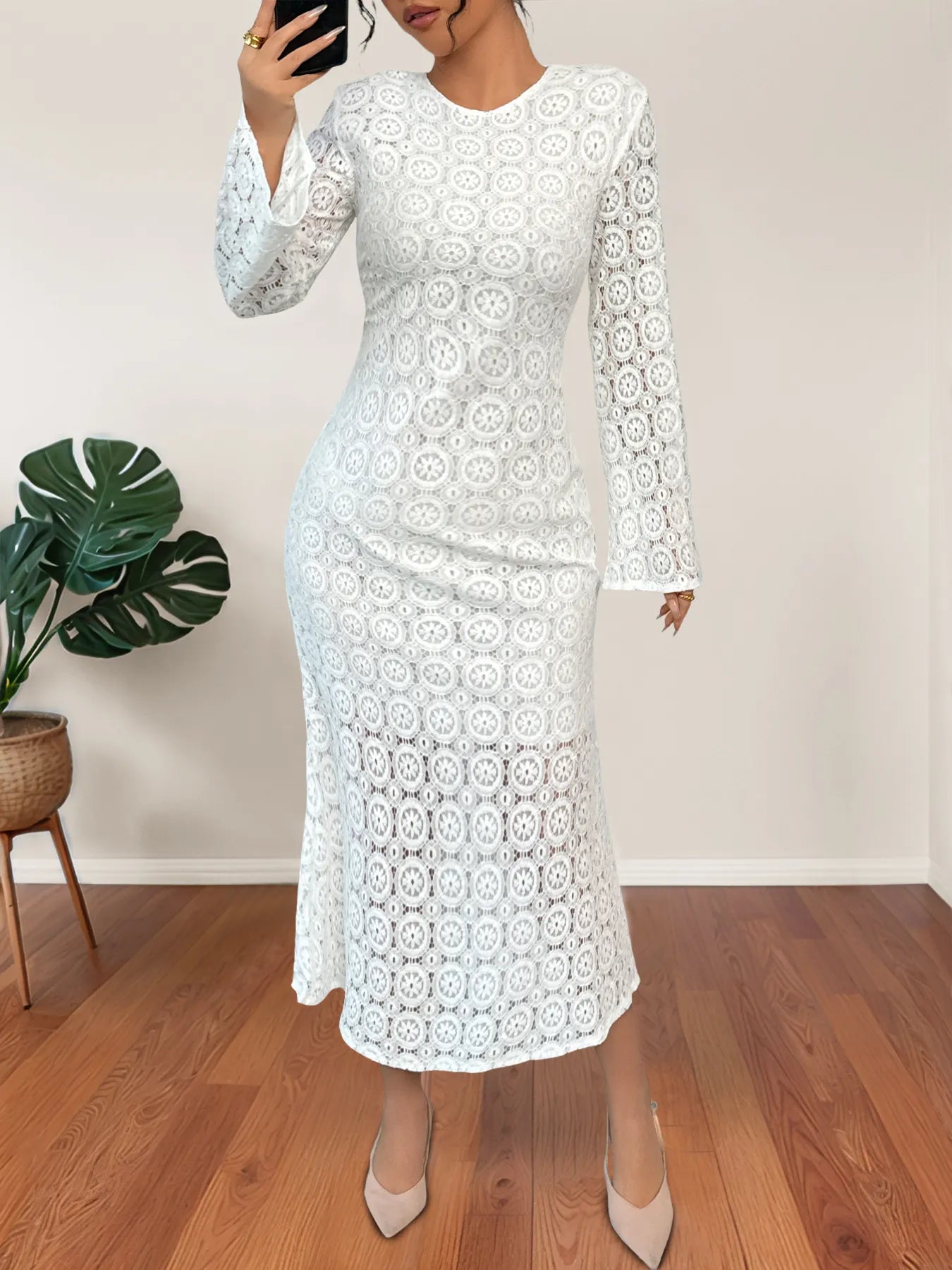 Midi Dress White Crochet Lave Floral Long Sleeve Zipper Lined 41e86921803f4483bca1de04b2b3a210-Max-Origin Trendsi