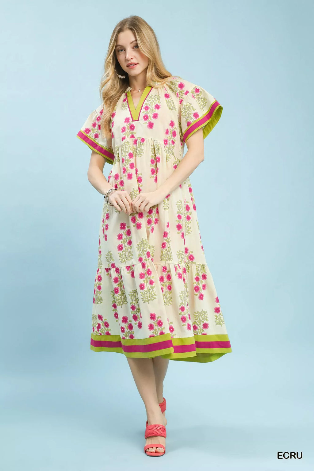 Umgee Midi Dress Ecru Floral Border Tiered Cotton Short Puff Sleeves 41e8d480-6890-4538-a264-79d132299595-Max-Origin Trendsi