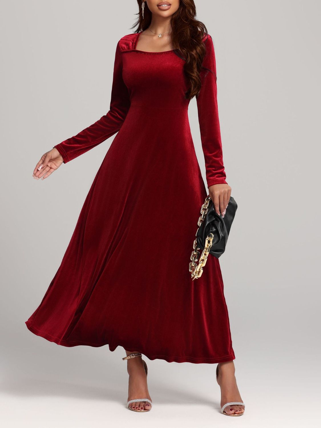 Velvet Midi Dress Square Neck Long Sleeve Women Solid Party Dress