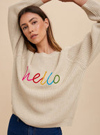 Women's Sweater Annie Wear HELLO Embroidered Raglan Sleeve Ribbed Oatmeal Oatmeal 41f46751-f9f2-405b-b04e-3a2bcdda1879-Max Trendsi