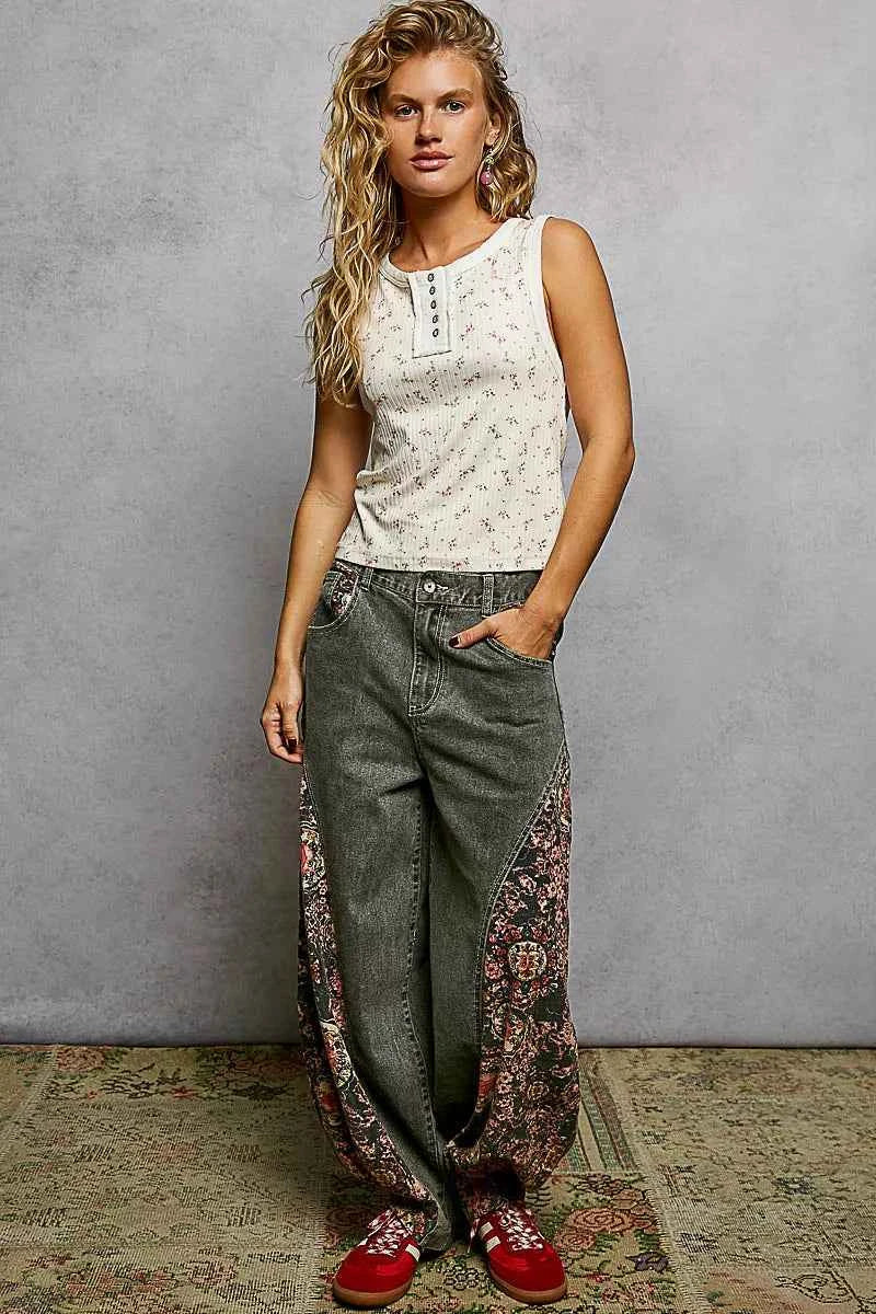 POL Vintage Floral Print Slim-Fit Knit Tank with Raw-Edge Details