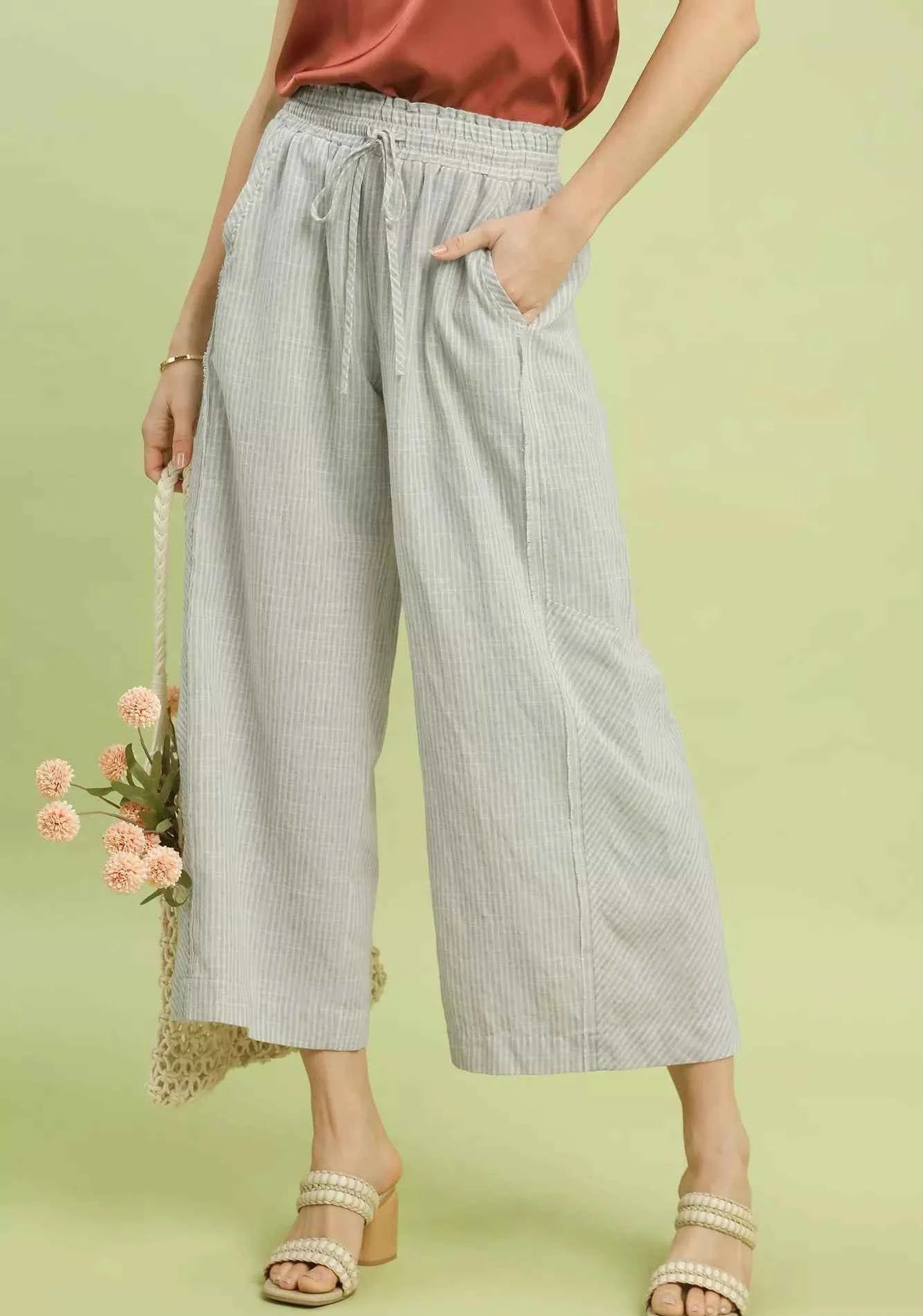 Umgee Wide Leg Pants Linen Blend Striped Oatmeal Drawstring Trousers OATMEAL 4203b69d-0d65-4745-b06b-511ab8aa1dba-Max-Origin Trendsi