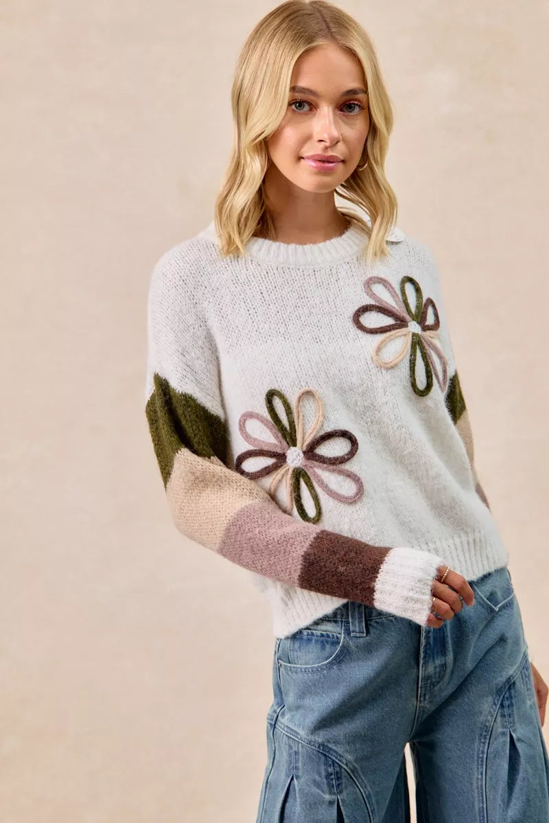 BiBi Flower Women's Sweater Color Block Ivory Brown Knit Pullover 4207690f7f16460a988864849c01f30c-Max-Origin Trendsi