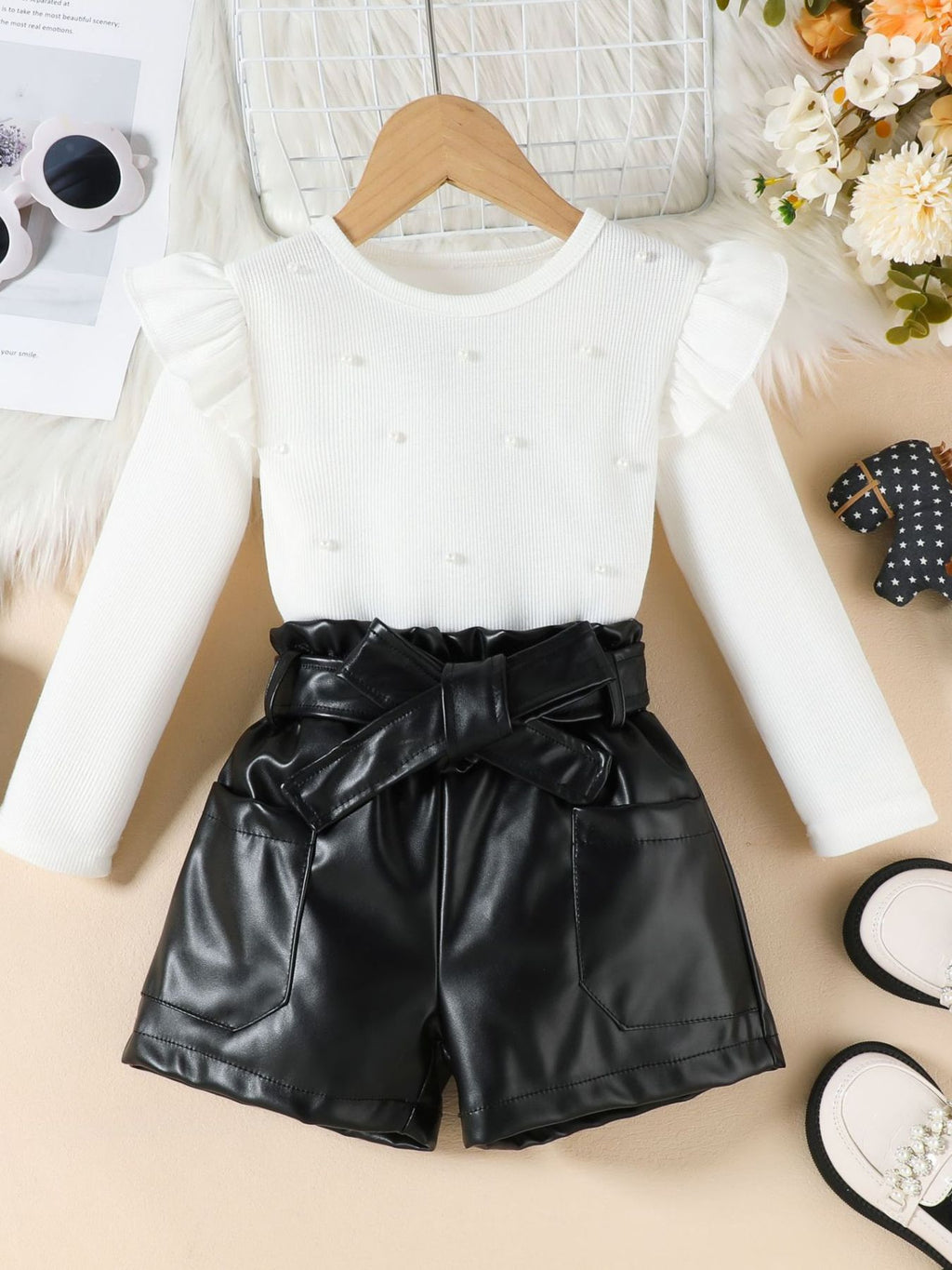 Children's Ruffled Top with Pearl Embellishments and Faux Leather Shorts Set with Belt