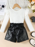 Children's Ruffled Top with Pearl Embellishments and Faux Leather Shorts Set with Belt