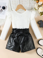 Children's Ruffled Top with Pearl Embellishments and Faux Leather Shorts Set with Belt