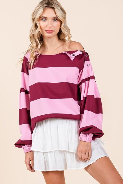Mittoshop Striped T-Shirt Snap Shoulder Long Sleeve Cotton Top Pink Wine 421c0ddf-e3ff-47c7-af44-1a97b42a30fd-Min Trendsi