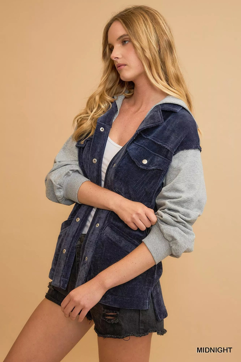 Umgee Womens Jacket Hooded Chenille Midnight Blue Contrast Gray Sleeves 42258b1c-9ab6-4fc5-a239-013b423ad4b5-Max-Origin Trendsi