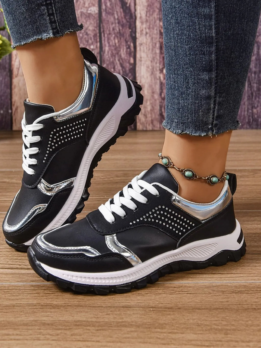 Women's Sneakers Pu Leather Rhinestone Lace Up Round Toe Low Heels Shoes 422af7ed35614eeeb0a2a4db433bcd81-Max-Origin Trendsi