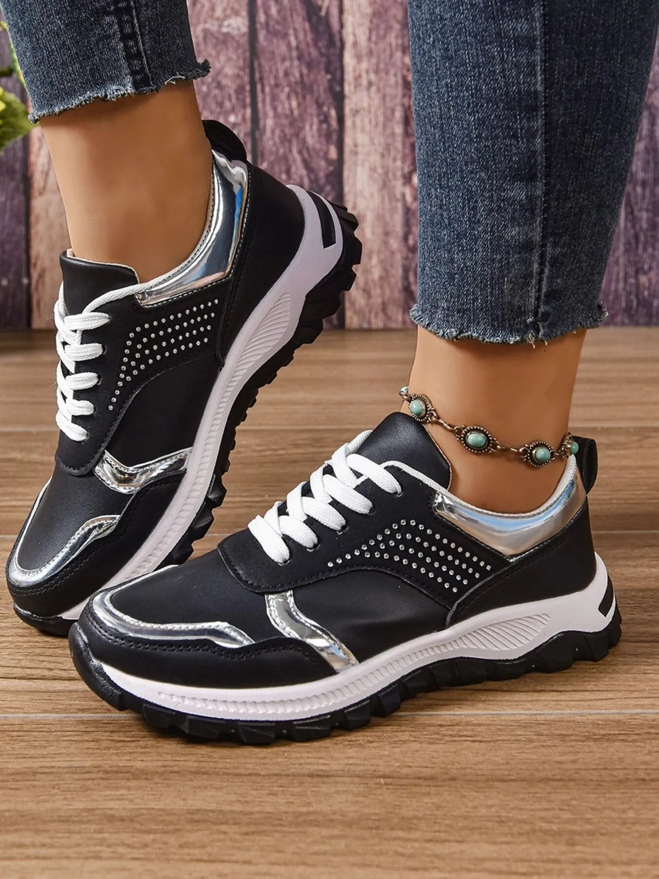 Women's Sneakers Pu Leather Rhinestone Lace Up Round Toe Low Heels Shoes 422af7ed35614eeeb0a2a4db433bcd81-Max-Origin Trendsi