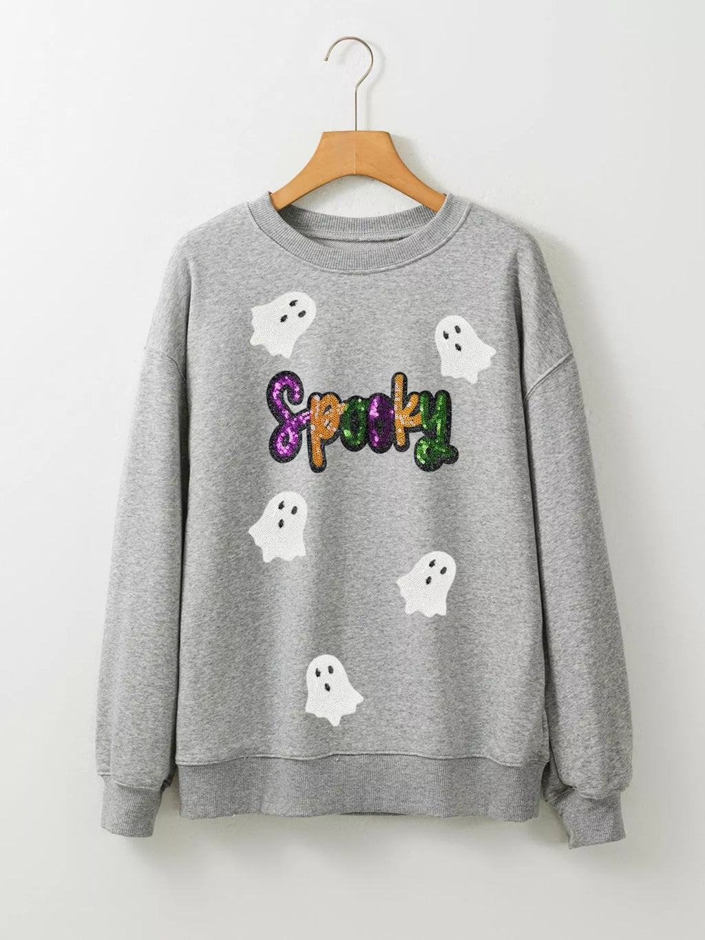 Halloween Women's Sweatshirt Spooky Ghost Sequin Gray Pullover 422d47f0-ebb0-4473-a5a0-7b8470c00dc3-Max-Origin Trendsi