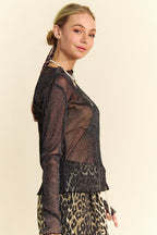 Glitter Mesh Black Top Sheer Davi & Dani USA Long Sleeve with Lettuce Hem 422f5e3e-720e-4d9e-b2e7-184cca8cc407-Max Trendsi