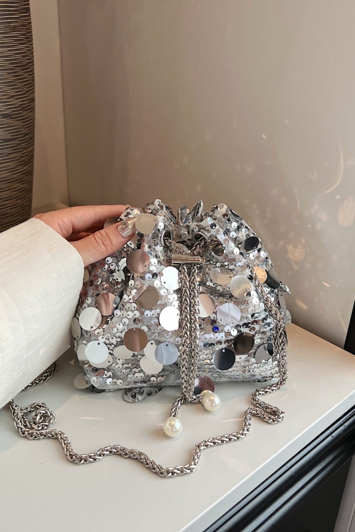 Sequin Silver Bucket Bag Drawstring Small Women Chain Crossbody Strap