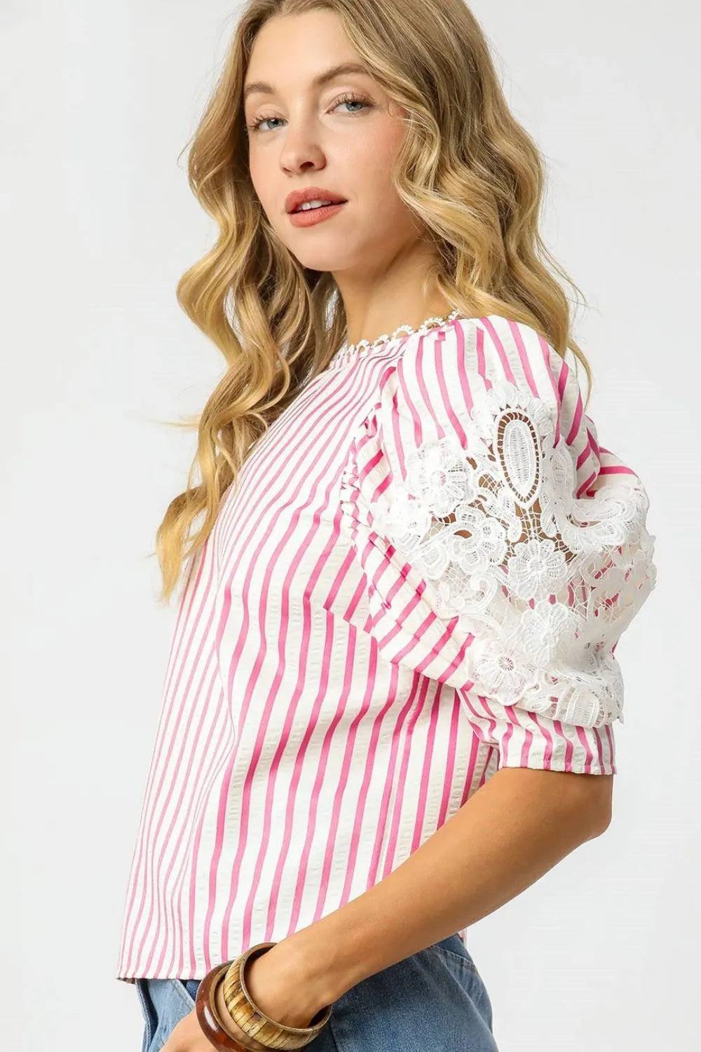 Umgee Blouse Striped Pink Lace Puff Short Sleeve Women's Top 4241e58e-6755-4c5f-b7fe-a2cffa4ed27e-Max-Origin Trendsi