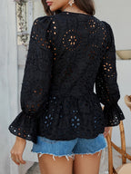 Crochet Blouse Ruffle Tie Front Flounce Long Sleeve Peplum Cut Out Embroidered 42483656-412c-4315-9edb-8a3219483407-Max Trendsi