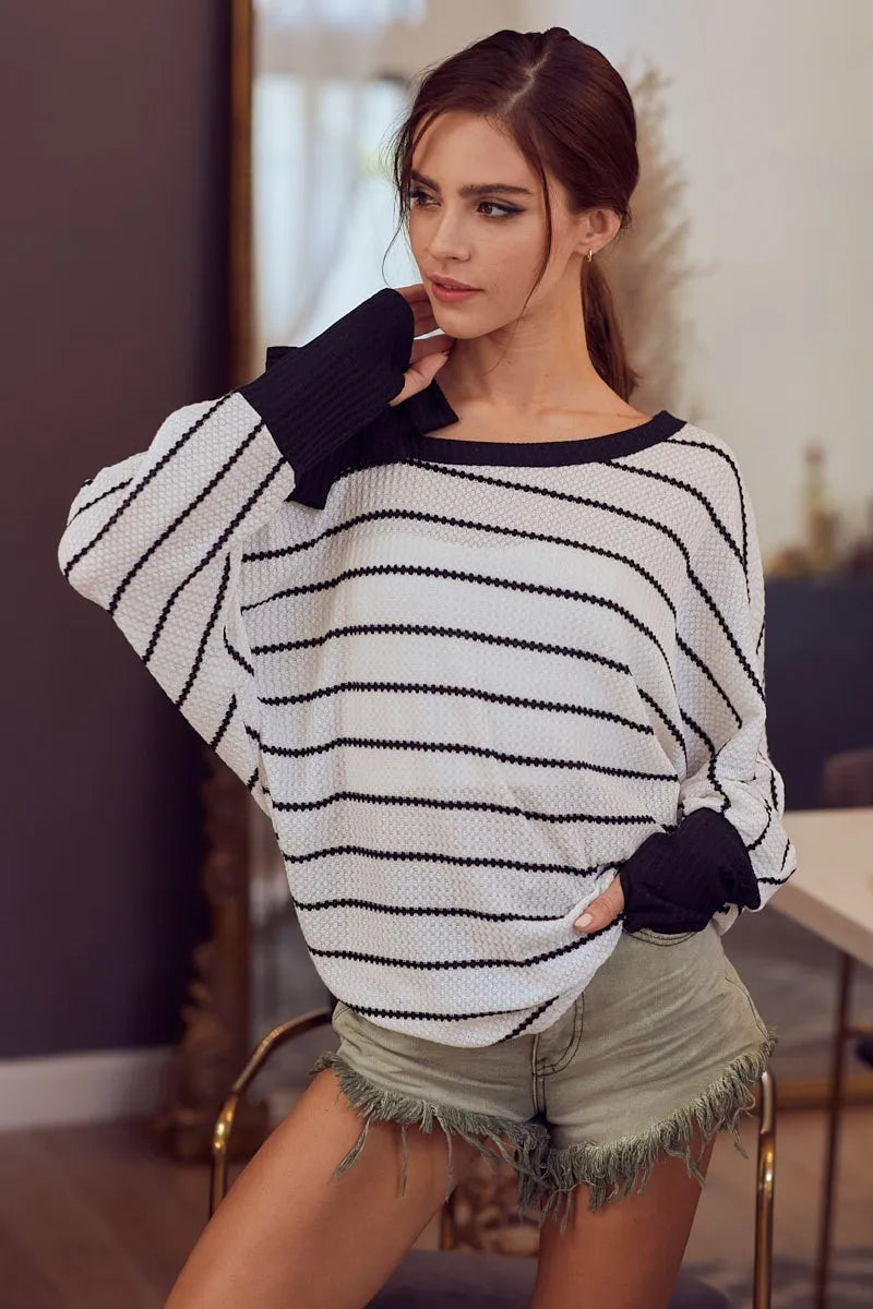 BiBi Blouse Stripe Yarn Dye Waffle One Shoulder Ribbon Detail Top 424c4f0740c84ede9158c2cab51d1002-Max-Origin Trendsi